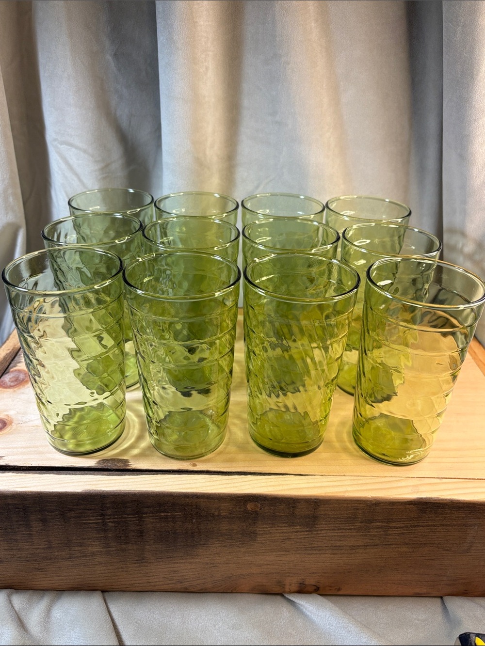 Vintage Avocado Green Textured Glass Set - Set of 12